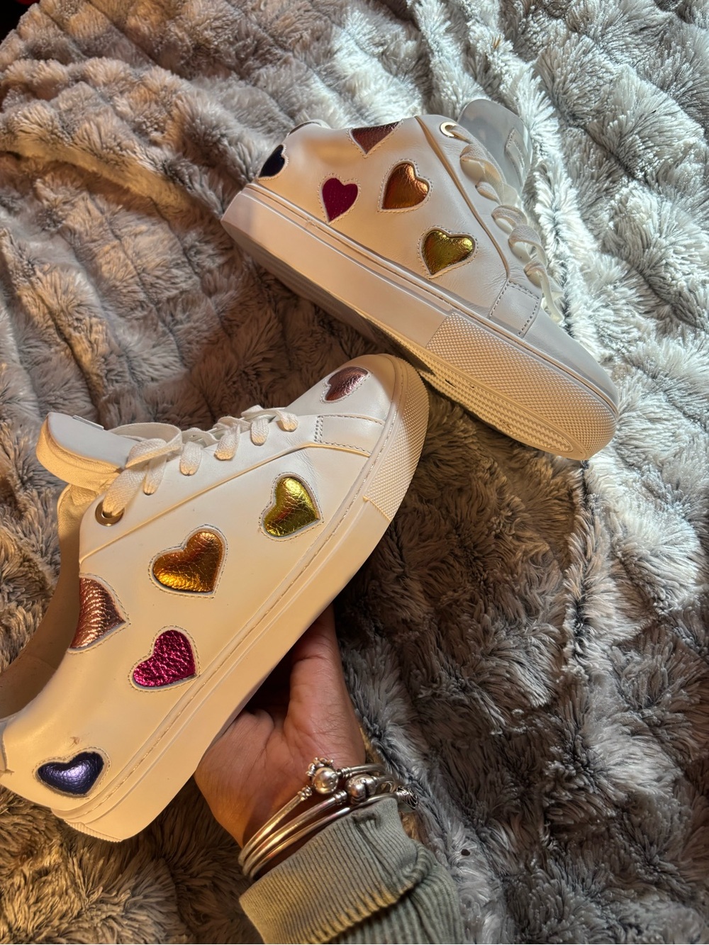 Kurt Geiger White Sneakers with Iridescent Heart Accents (Gold-Pink-Purple)